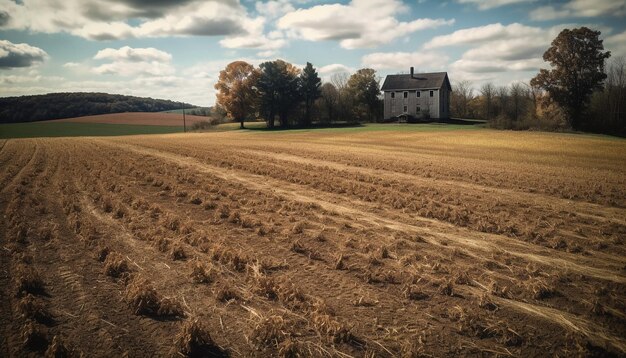 Rural farmhouse amid tranquil green pastures sprawling horizon generated by AI