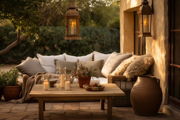 Rural patio with furniture and vegetation