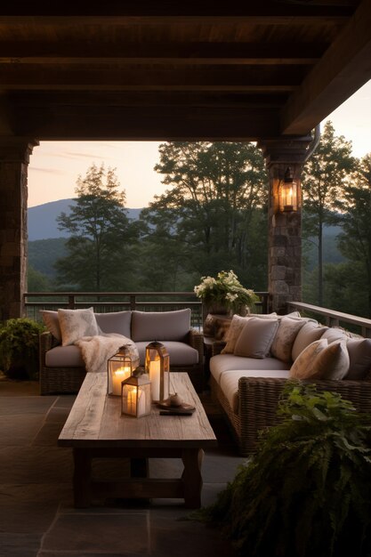 Rural patio with furniture and vegetation