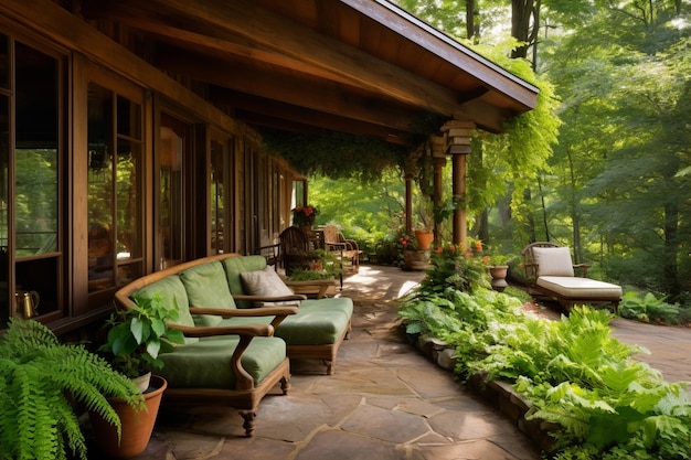 Rural patio with furniture and vegetation