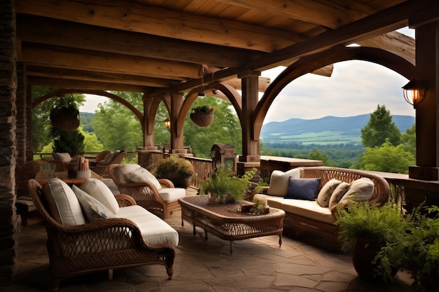 Rural patio with furniture and vegetation