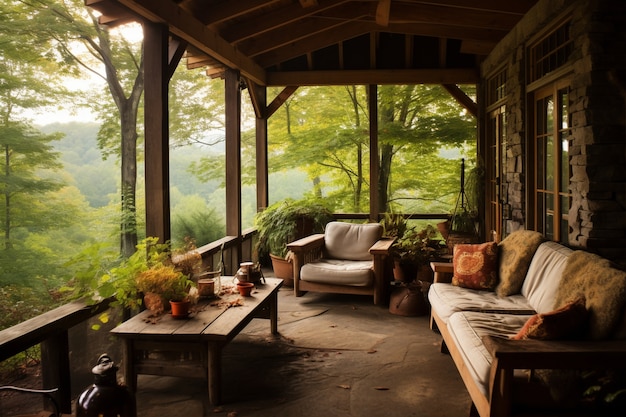 Rural patio with furniture and vegetation