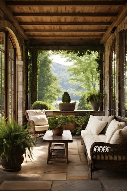 Rural patio with furniture and vegetation