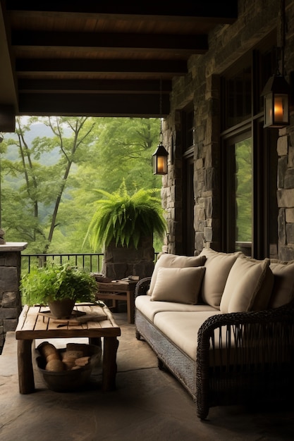 Rural patio with furniture and vegetation