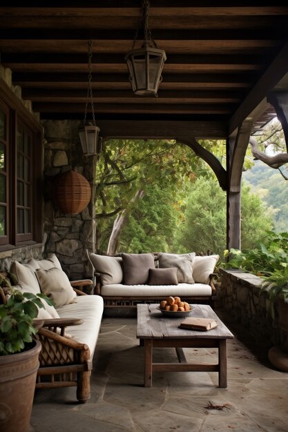 Rural patio with furniture and vegetation