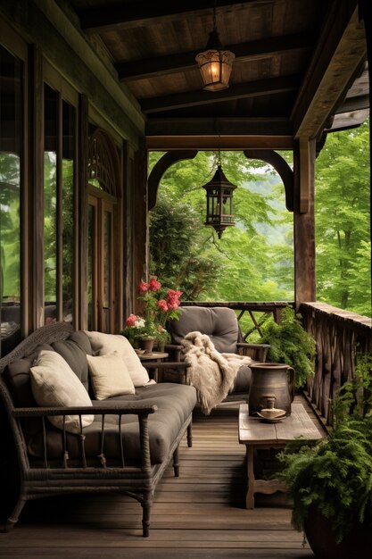 Rural patio with furniture and vegetation