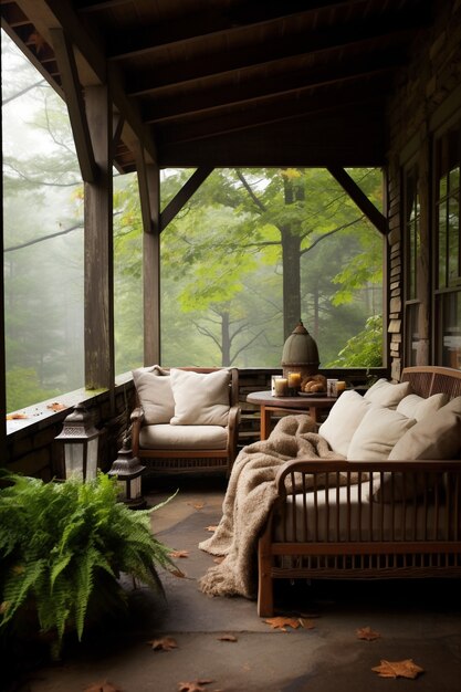 Rural patio with furniture and vegetation