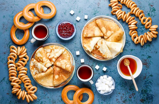 Russian pancake blini with sauces and ingredients