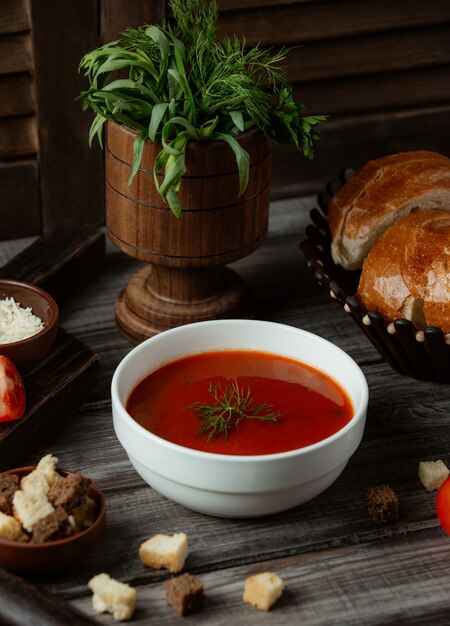 Russian soup borsh with herbs and crackers