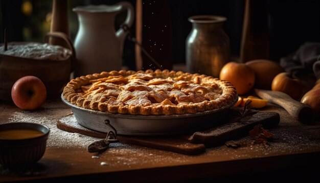 Rustic apple pie on wooden table ready to eat generated by AI