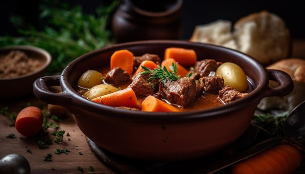 Rustic beef stew cooked in crockery bowl generative AI