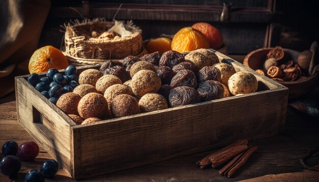 Rustic bowl of fresh fruit and nuts generated by AI