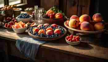 Free photo rustic bowl of fresh organic berry fruit generated by ai