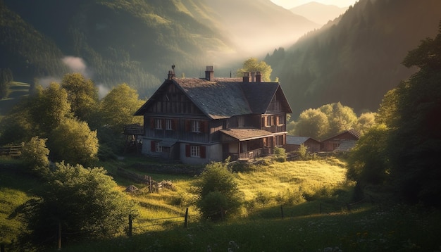 Rustic chapel atop mountain range at sunset generated by AI