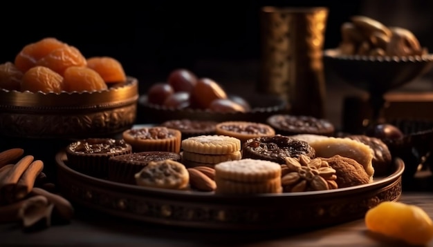 Rustic chocolate almond cookie on wooden table generated by AI