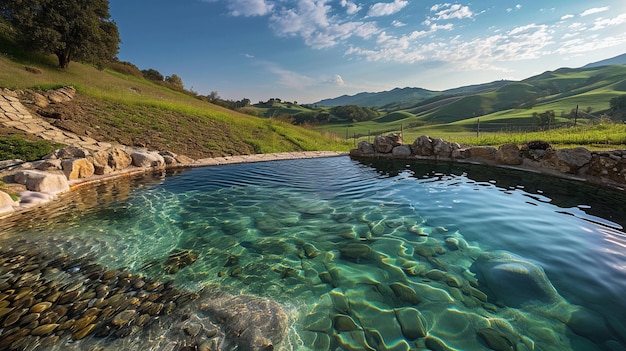 Free photo a rustic countryside pool with crystalclear water nestled among rolling hills