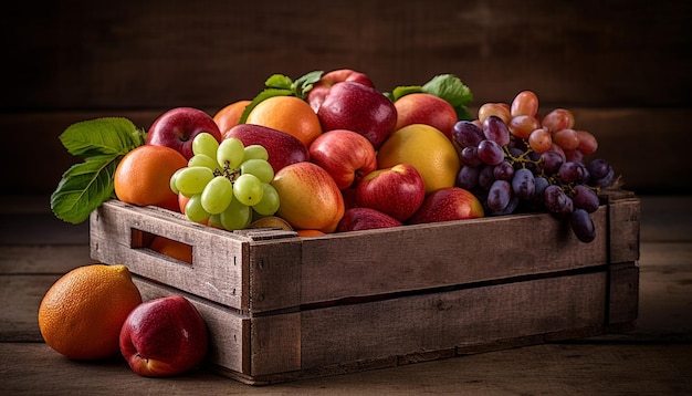 Rustic crate holds juicy fresh organic fruit generated by AI