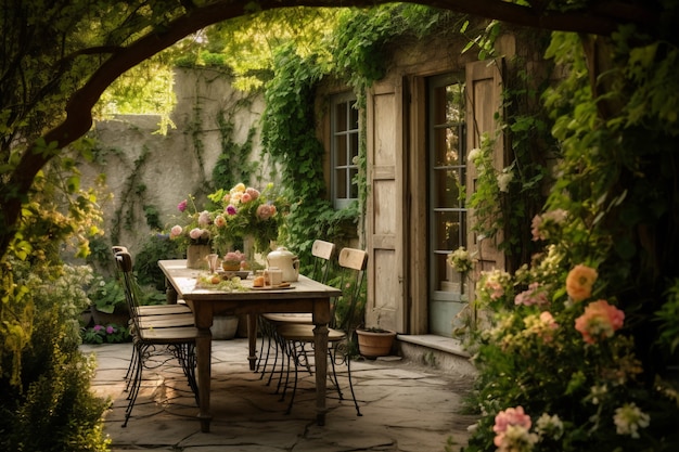 Rustic deck with patio furniture and vegetation