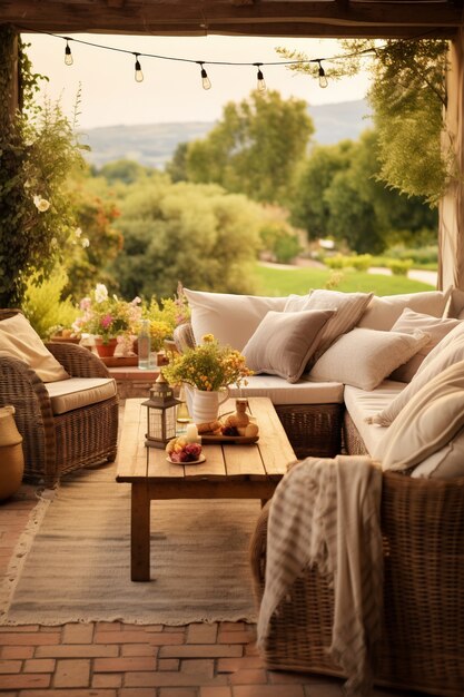 Rustic deck with patio furniture and vegetation