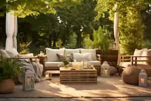 Free photo rustic deck with patio furniture and vegetation