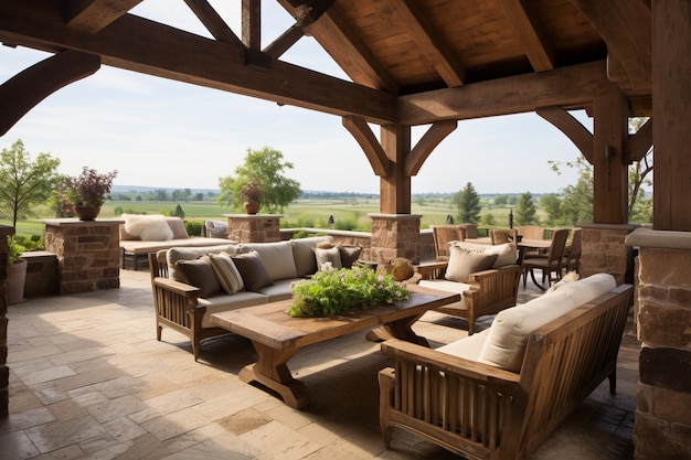 Rustic deck with patio furniture and vegetation