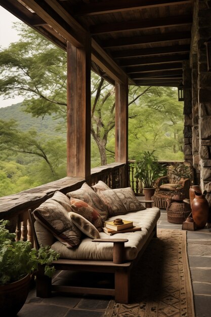 Rustic deck with patio furniture and vegetation