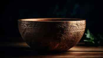 Free photo rustic earthenware bowl on wooden table with decoration generated by ai