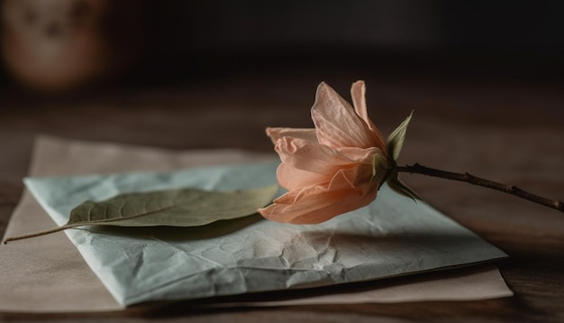 Free photo rustic elegance crumpled paper old fashioned flower and wooden table generated by ai