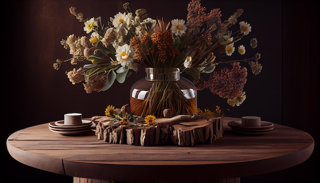 Free Photo rustic flower vase decorates wooden indoor table generated by ai