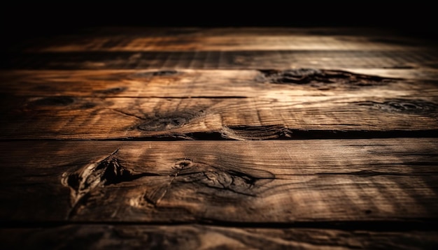 Free Photo rustic hardwood plank table weathered tree backdrop generated by ai