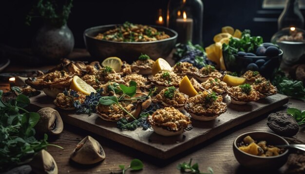 Rustic homemade meal on wooden table with fresh vegetables generated by AI