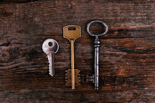 Rustic keys on wooden table