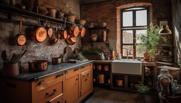 Free photo rustic kitchen with modern appliances inside generated by ai