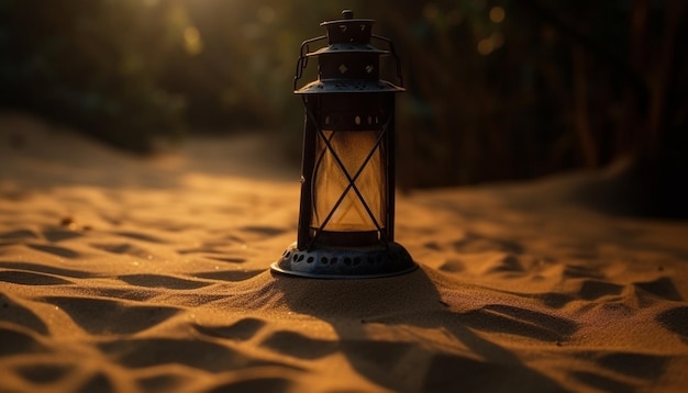 Free photo rustic lantern glows in the dark forest generated by ai