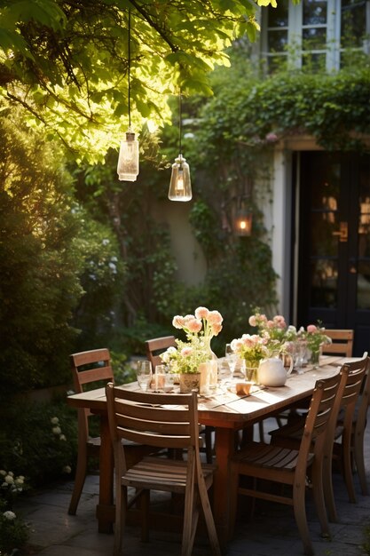 Rustic patio with deck furniture and vegetation