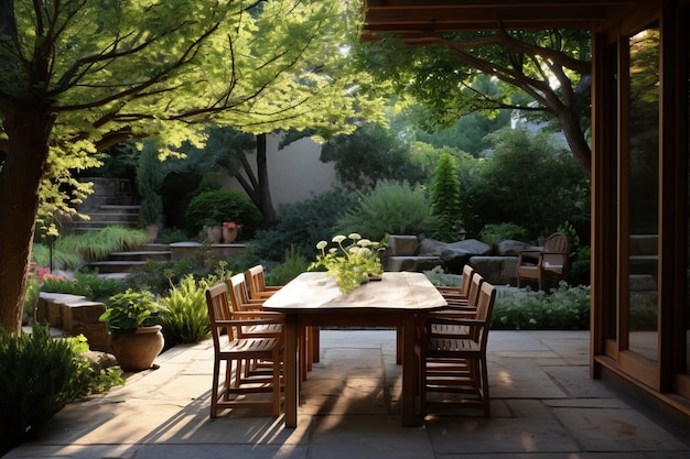 Free Photo rustic patio with deck furniture and vegetation