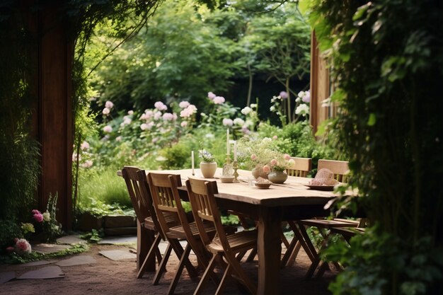 Rustic patio with deck furniture and vegetation