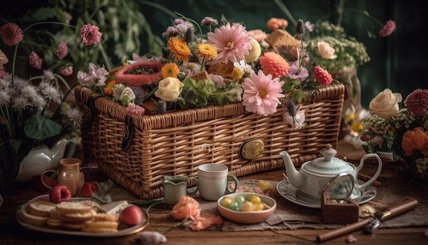 Rustic table with fresh fruit and flowers generated by AI