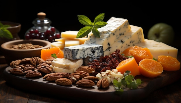 Free photo a rustic table with a variety of gourmet cheeses and fruits generated by artificial intelligence