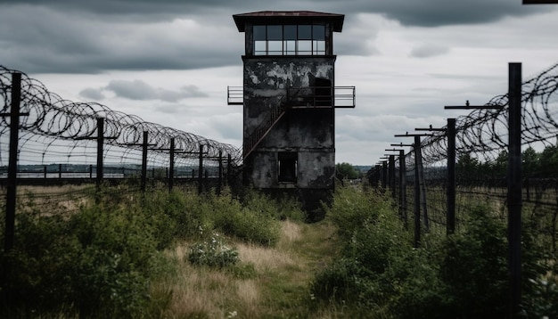 Free photo rusty barbed wire fence surrounds abandoned prison generated by ai