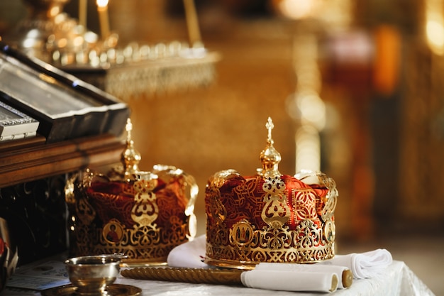 Sacral ritual crowns of wedlock in the cathedral church and the ritual candles