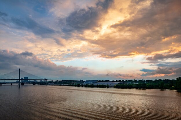 Sacramento River with the Golden Gate Bridge over it during a beautiful sunset in San Francisco, the US