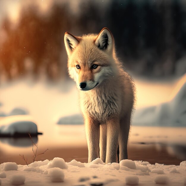 Sad baby wolf in the forest waiting outdoor generative ai