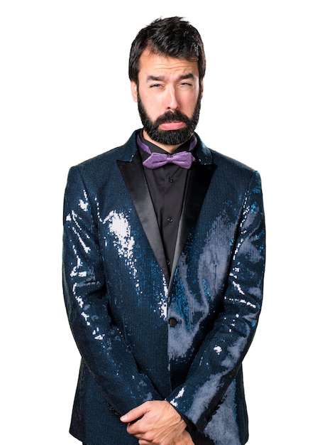 Free Photo sad handsome man with sequin jacket