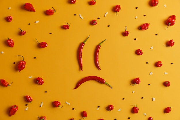 Free photo sad human face made of long red chili, habanero pepper with peppercorns around, yellow background. creative shot, food art concept. spicy ingredient with beneficial nutrients. hot vegetable.