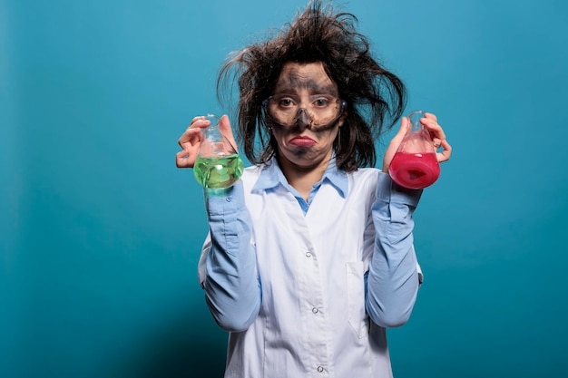 Free photo sad lunatic chemist holding glass flasks filled with chemical compounds after lab explosion. upset mad scientist with dirty face and messy hair having beakers filled with liquid substances