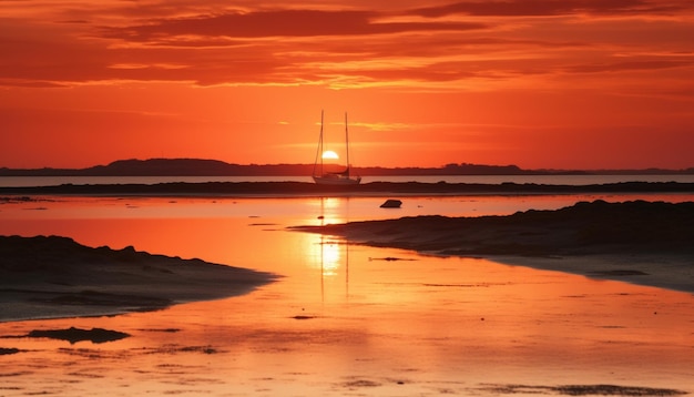 Sailboat silhouette backlit by orange sunset beauty generated by AI