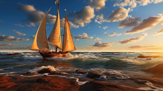 Free Photo sailing boat on the sea at sunset