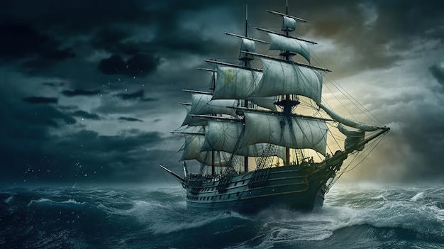 Free Photo sailing old ship in a storm sea ai generated image