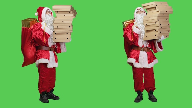 Free Photo saint nick with bag and pizza boxes pile